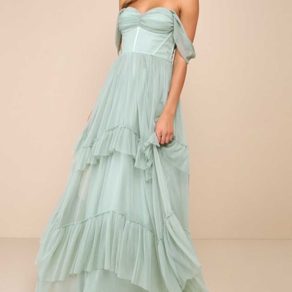 Lulus Stunning Personality Sage Green Mesh Off-the-shoulder Maxi Dress - Size S